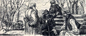 Садовник Михаил Карлович, я, мой сосед-помещик и молодой купец, торгующий лесом. Иллюстрация к «Рассказу старшего садовника». Гапоненко Тарас Гурьевич, 1944-45 гг.