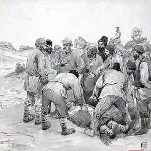 Утопленник лежит на рогоже, вокруг мужики, в центре - приказчик Этьен, в пальто и шляпе. Иллюстрация к рассказу А. П. Чехова «Скорая помощь». Художник А. П. Апсит, 1900-е