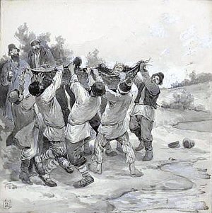 Мужики на рогоже качают утопленника. Иллюстрация к рассказу А. П. Чехова «Скорая помощь». Художник А. П. Апсит, 1900-е
