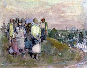 Впереди всех шла Липа и пела тонким голосом, и заливалась, глядя вверх на небо, точно торжествуя и восхищаясь, что день, слава богу, кончился и можно отдохнуть. В толпе была ее мать, поденщица Прасковья, которая шла с узелком в руке и, как всегда, тяжело дышала. Иллюстрация к повести А. П. Чехова «В овраге». Художник Мазель Рувим Моисеевич, 1959-60 гг.