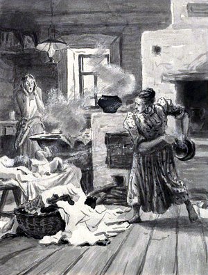 Сказавши это, Аксинья схватила ковш с кипятком и плеснула на Никифора. Иллюстрация к повести А. П. Чехова «В овраге». Художник Гапоненко Тарас Гурьевич, 1944-45 гг.