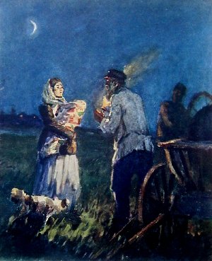 Старик поднял уголек, раздул — осветились только его глаза и нос, потом, когда отыскали дугу, подошел с огнем к Липе и взглянул на нее; и взгляд его выражал сострадание и нежность. Иллюстрация Боима к повести Чехова «В овраге»