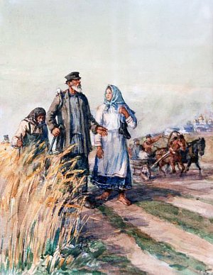 8 июля, в пятницу, Елизаров, по прозванию Костыль, и Липа возвращались из села Казанского, куда они ходили на богомолье, по случаю храмового праздника — Казанской божией матери. Далеко позади шла мать Липы Прасковья, которая всё отставала, так как была больна и задыхалась. Иллюстрация к повести А. П. Чехова «В овраге». Художник С. Бойм, 1954