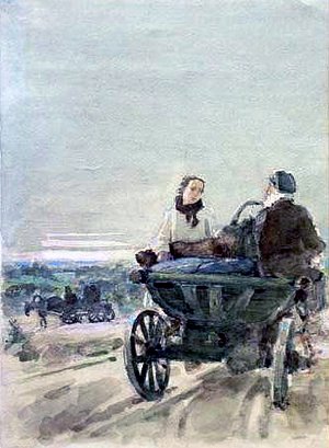 — Садись, подвезем до Кузьменок. Тебе там прямо, нам влево. Иллюстрация к повести А. П. Чехова «В овраге». Художник Мазель Рувим Моисеевич, 1960-е гг.