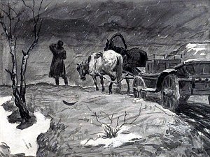 На той стороне ждал худощавый, невысокого роста старик в полушубке на лисьем меху и в белой мерлушковой шапке. Он стоял поодаль от лошадей и не двигался; у него было угрюмое, сосредоточенное выражение, как будто он старался что-то вспомнить и сердился на свою непослушную память. Иллюстрация к рассказу А. П. Чехова «В ссылке». Художник Гапоненко Тарас Гурьевич, 1944-1945 гг.
