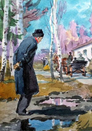 Иллюстрация к рассказу А. П. Чехова «Весной». Художник Васильев Валентин Фёдорович (1923-1986)