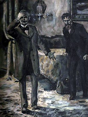 — Зачем вы всё это говорите мне? Не желаю я слушать! Не желаю! — крикнул он и стукнул кулаком по столу. — Не нужны мне ваши пошлые тайны, чёрт бы их взял! Не смеете вы говорить мне эти пошлости! Или вы думаете, что я еще недостаточно оскорблен? Что я лакей, которого до конца можно оскорблять? Да? Иллюстрация к рассказу А. П. Чехова «Враги». Художник В. Перцев, 1956 г.