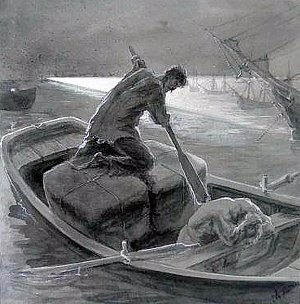 — Дурак, это крейсер таможенный. Это фонарь электрический!.. Вставай, дубина! Ведь на нас свет бросят сейчас!.. Погубишь, черт, и себя и меня! Ну!.. Иллюстрация к рассказу М. Горького «Челкаш». Художник А. Кучеренко, начало XX века