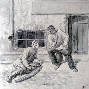 — Раньше!.. Раньше-то за одно погляденье на русского человека там трёшну платили. Я вот годов десять тому назад этим самым и промышлял. Придешь в станицу — русский, мол, я! Сейчас тебя поглядят, пощупают, подивуются и — получи три рубля! Да напоят, накормят. И живи сколько хочешь! Иллюстрация к рассказу М. Горького «Челкаш». Художник А. Кучеренко, начало XX века