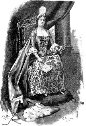 Королева Анна. Иллюстрация к роману Виктора Гюго «Человек, который смеется». Художники Жорж Рошгросс и Даниэль Вьерхе. Издание 1886 г.