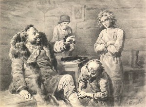 Барин у сапожника. Иллюстрация В. О. Шервуда к рассказу Л. Н. Толстого «Чем люди живы»