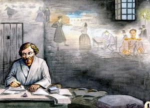 Н.&nbsp;Г.&nbsp;Чернышевский в равелине за созданием романа. Иллюстрация к роману «Что делать?». Художник К.&nbsp;А.&nbsp;Травин, 1928