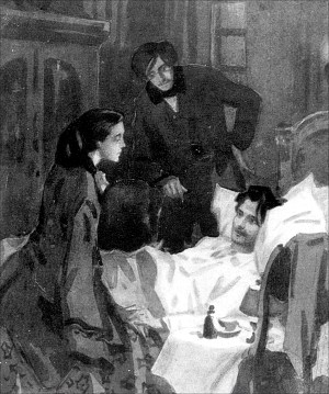Вера Павловна и Кирсанов у постели больного Лопухова. Иллюстрация к роману Н. Г. Чернышевского «Что делать?». Художник В. Н. Минаев, 1965 г.