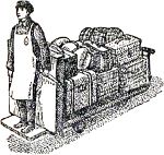 Мы оглянулись, и я увидел: едет тележка, низенькая, на маленьких колесиках, на ней стоит человек, а тележка идёт сама, как заводная. Иллюстрация к книге Б. Житкова «Что я видел». Художник Е. Сафонова, 1939
