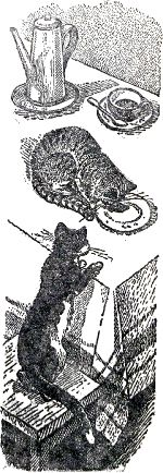 А на столе всё стоит. Булки разные и кофейник. И две кошки на столе. Иллюстрация к книге Б. Житкова «Что я видел». Художник Е. Сафонова, 1939