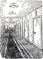 И мы пошли в коридор. Там тоже коврик. По всему коридору. А по бокам всё двери, двери, и все они заперты. Иллюстрация к книге Б. Житкова «Что я видел». Художник Е. Сафонова, 1939