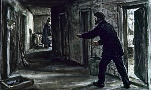 — Доктор! Доктор, постойте!.. Скажите мне ваше имя, доктор! Пусть хоть мои дети будут за вас молиться! Иллюстрация Б. К. Винокурова к рассказу А. И. Куприна «Чудесный доктор»