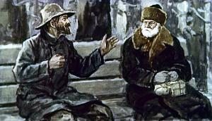 — Подарочки!.. Подарочки!.. Знакомым ребятишкам подарочки!.. А я... а у меня, милостивый государь, в настоящую минуту мои ребятишки с голоду дома подыхают... Иллюстрация Б. К. Винокурова к рассказу А. И. Куприна «Чудесный доктор»