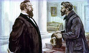 Весь сегодняшний день был занят тем, чтобы посредством нечеловеческих усилий выжать откуда-нибудь хоть несколько копеек на лекарство Машутке. С этой целью Мерцалов обегал чуть ли не полгорода, клянча и унижаясь повсюду. Иллюстрация Б. К. Винокурова к рассказу А. И. Куприна «Чудесный доктор»
