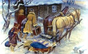 — Здесь ночуем, — сказал ямщик, соскакивая в снег. — Это наша станция. Иллюстрация И. Принцевского к рассказу «Чук и Гек» Аркадия Гайдара