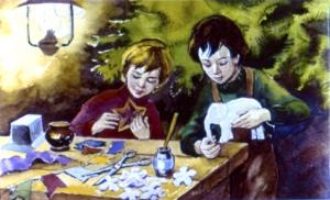 Из лоскутьев и ваты понашили зверьков, кукол. Вытянули у отца из ящика всю папиросную бумагу и навертели пышных цветов. Иллюстрация И. Принцевского к рассказу «Чук и Гек» Аркадия Гайдара