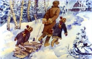 Потом они таскали дрова. Иллюстрация И. Принцевского к рассказу «Чук и Гек» Аркадия Гайдара
