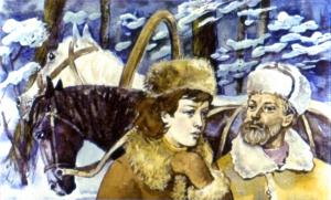 — Ты куда же нас привез? — в страхе спросила у ямщика мать. — Разве нам сюда надо?.. Иллюстрация И. Принцевского к рассказу «Чук и Гек» Аркадия Гайдара