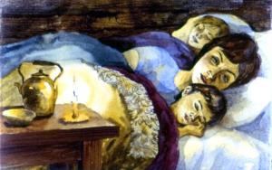 Не раздеваясь и укрывшись тулупами, они улеглись: Чук у стенки, мать посредине, а Гек с краю. Иллюстрация И. Принцевского к рассказу «Чук и Гек» Аркадия Гайдара