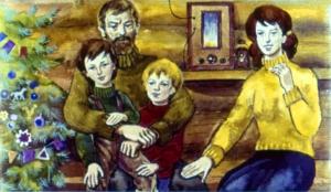 И этот звон — перед Новым годом — сейчас слушали люди и в городах, и в горах, в степях, в тайге, на синем море. Иллюстрация И. Принцевского к рассказу «Чук и Гек» Аркадия Гайдара