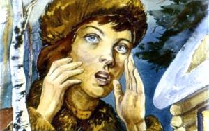 Она звала Гека, ругала, упрашивала, но никто не отзывался. А темнота быстро ложилась на сугробы. Иллюстрация И. Принцевского к рассказу «Чук и Гек» Аркадия Гайдара