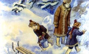 Втроем ходили они за водой... Иллюстрация И. Принцевского к рассказу «Чук и Гек» Аркадия Гайдара