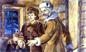 Они вошли в сени и мимо лопат, метел, топоров, палок, мимо промерзлой медвежьей шкуры, что висела на железном крюку, прошли в избушку. Иллюстрация И. Принцевского к рассказу «Чук и Гек» Аркадия Гайдара