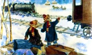 Только-только мать успела осадить Чука с Геком и принять от военного вещи, как поезд умчался... Иллюстрация И. Принцевского к рассказу «Чук и Гек» Аркадия Гайдара