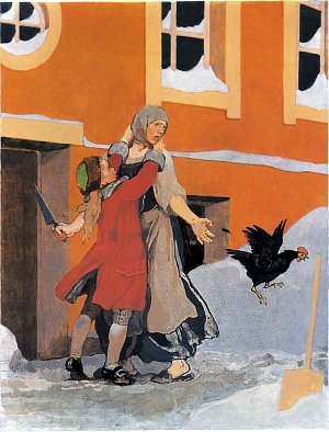 — Любезная, милая Тринушка! — вскричал он, обливаясь слезами. — Пожалуйста, не тронь мою Чернуху! Иллюстрация Б. Дехтерева к сказке А. Погорельского «Чёрная курица, или Подземные жители»