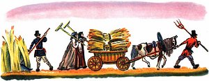 Стало жарко, душно, знойно. Мужики стали жать рожь. Иллюстрация В. Конашевича к сказке В. Даля «Старик годовик»