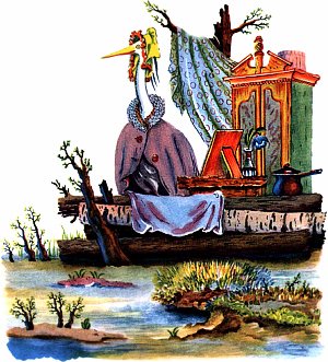 В кочкарнике, сидит долгоносая-долгоносая цапля... Иллюстрация В. Конашевича к сказке В. Даля «Журавль и цапля»