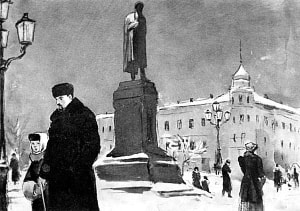 У памятника А. С. Пушкину. Иллюстрация к рассказу Чехова «Дама с собачкой». Кукрыниксы