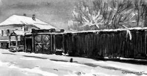 Дом с забором. Иллюстрация к рассказу А. П. Чехова «Дама с собачкой». Кукрыниксы, 1945 г.