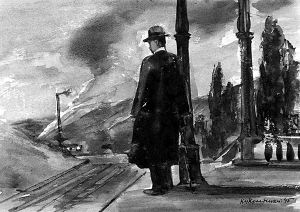 Гуров на перроне. Иллюстрация к рассказу А. П. Чехова «Дама с собачкой». Кукрыниксы, 1945 г.