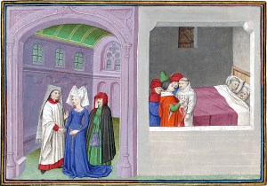 Настоятель Фьезоле любит одну вдову, которая его не любит; воображая, что он с нею, он спит с ее служанкой, а братья дамы дают ему попасться в руки епископа. Иллюстрация к «Декамерону» Джованни Боккаччо. Миниатюра XV века.