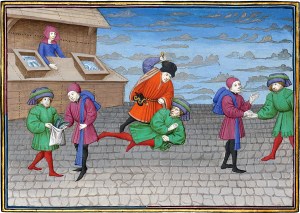 Бьонделло обманом приглашает на обед Чакко, который ловко мстит ему за то, подвергнув его хорошей потасовке. Иллюстрация к «Декамерону» Джованни Боккаччо. Миниатюра XV века.