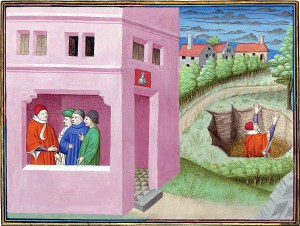 Врача маэстро Симоне, желавшего вступить в корсарское общество, Бруно и Буффальмакко заставляют ночью пойти в известное место, а Буффальмакко сбрасывает его в помойную яму, где и оставляет. Иллюстрация к «Декамерону» Джованни Боккаччо. Миниатюра XV века.