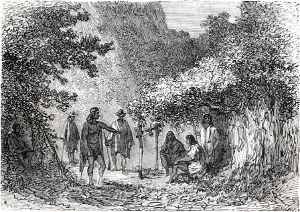 Они уже достигли становища индейцев, а ему показалось, что он только что пустился в путь. Тольдерия раскинулась в глубине долины, сжатой отрогами Анд. Здесь, в шалашах из ветвей, жило человек тридцать туземцев-кочевников, которые пасли огромные стада тучных коров, быков, лошадей и овец. Иллюстрация к роману Жюля Верна «Дети капитана Гранта». Художник Эдуард Риу, 1868 г.