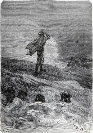 Один Гленарван бодрствовал. Иллюстрация к роману Жюля Верна «Дети капитана Гранта». Художник Эдуард Риу, 1868 г.