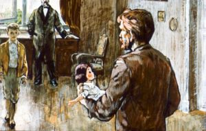 Тыбурций возвращает куклу. Иллюстрация Ю. Теребилова к «Детям подземелья» Короленко