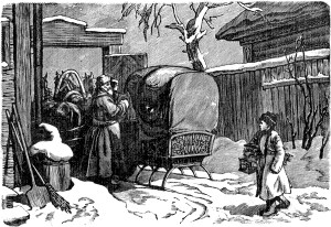 Приезд матери. Заставка к главе X повести М. Горького «Детство». Рисунок Б. А. Дехтерёва, гравировал Ф. С. Быков, 1946 г.
