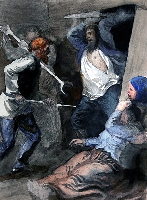 Драка в доме Кашириных. Иллюстрация к повести М. Горького «Детство». Художник Б. А. Дехтерев, 1947.