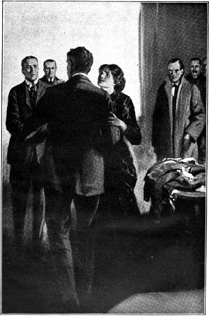 Тут миссис Дуглас вскрикнула, а все мы были поражены, увидев человека, который как бы выступил из стены и теперь шел к нам из темного угла. Миссис Дуглас повернулась и обняла его; Бэркер сжал его протянутую руку. Иллюстрация к роману Артура Конан Дойла «Долина ужаса». Художник Фрэнк Уайлс, 1914-15