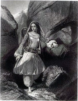 Гайдэ у входа в пещеру Дон Жуана. Рис. Эд. Корбу (Edw. Corbould), грав. Гиз (T. Heath). Иллюстрация к поэме Джорджа Байрона «Дон Жуан»