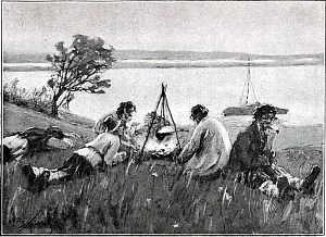 Бурлаки. Иллюстрация к стихотворению Дрожжина Спиридона Дмитриевича «Привал на Волге». Художник В. Комаров, 1914.